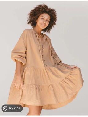 The Lullaby club Avalon Smock Dress in Caramel Sz Lg / XL Linen Cotton
